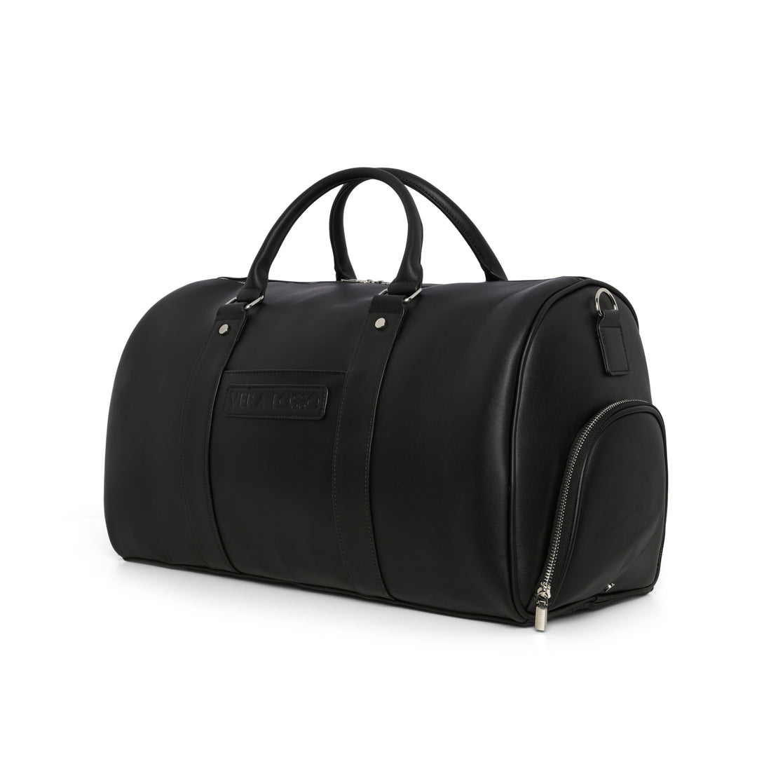 Vera Losso Premium Black Travel Duffle Bag – Luxury Vegan Leather Weekend Holdall, Gym Bag, Cabin Luggage, Overnight Bag with Silver Hardware, 50.8 x 28 x 25.4 cm