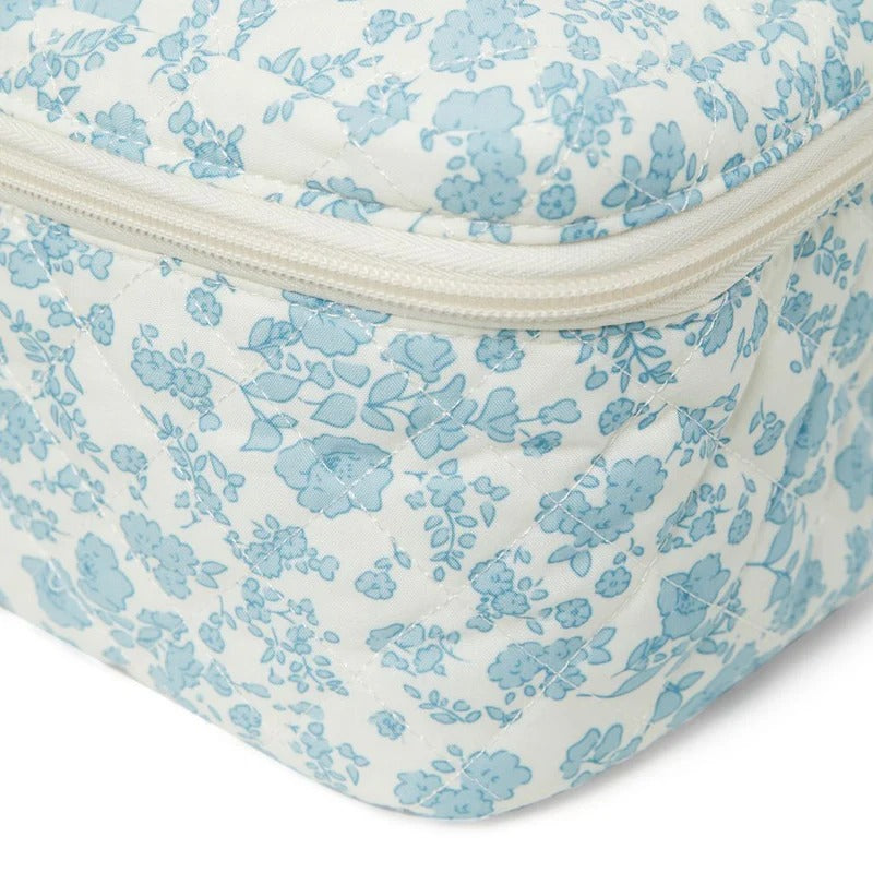 Flower Pattern Quilted Cotton Cosmetic Blue Bag