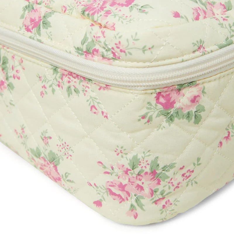 Flower Pattern Quilted Cotton Cosmetic Pink Bag